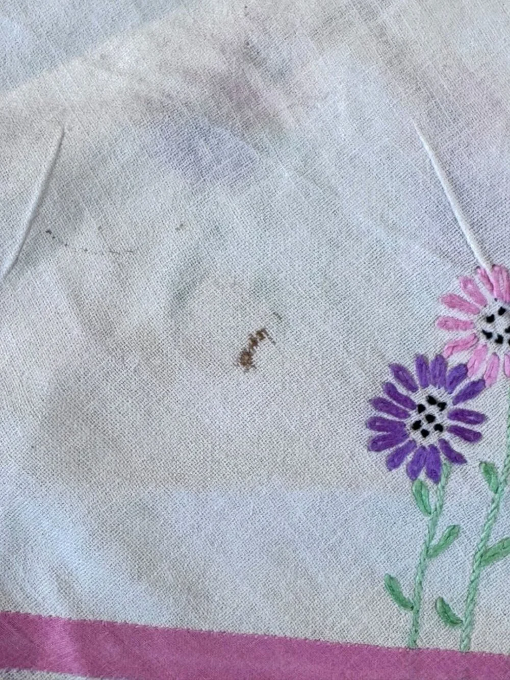 Vintage Hand Embroidered Floral Tablecloth Multi Color Stripes 42 x 30